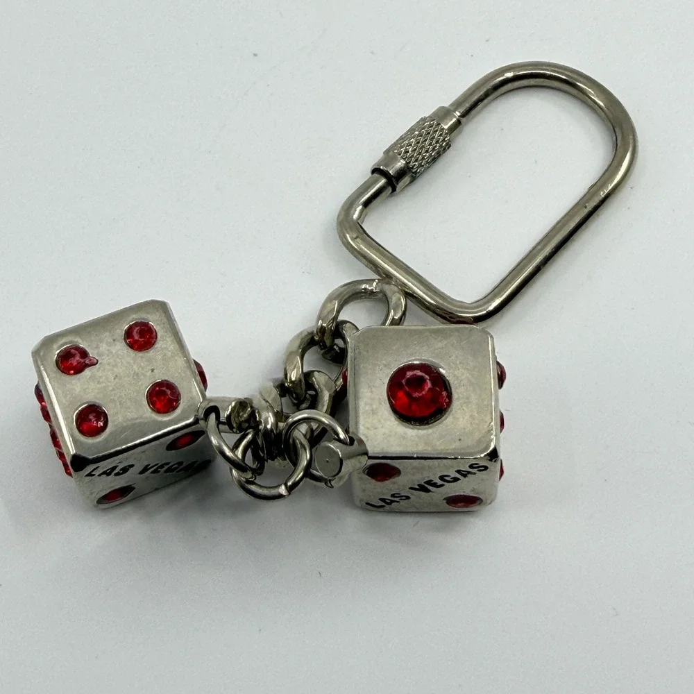 Las Vegas Red Rhinestone Dice Keychain Silver Tone Casino Gambling Souvenir